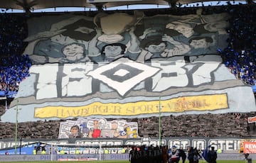 Hamburg (Germany), 30/09/2018.- Hamburg's supporters sport a huge banner before the German Second Bundesliga soccer match between HSV Hamburg and FC St. Pauli, in Hamburg, Germany, 30 September 2018. 