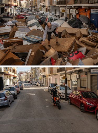 Imagen superior: Un hombre camina por una calle cubierta de escombros en el municipio de Sedavi. Imagen inferior: la misma calle en la actualidad. 