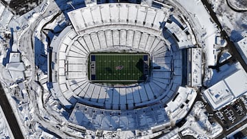 Jan 15, 2024; Orchard Park, New York, USA; A general overall aerial view of a snow-covered Highmark Stadium during a 2024 AFC wild card game between the Pittsburgh Steelers and the Buffalo Bills. Mandatory Credit: Kirby Lee-USA TODAY Sports     TPX IMAGES OF THE DAY