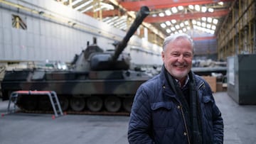 TOURNAI, BELGIUM - FEBRUARY 2: CEO of OIP Land Systems Freddy Versluys is posing in front of a Porsche designed, manufactured by Krauss-Maffei in West Germany, battle tank Kampfpanzer Leopard 1 on February 2, 2023 in Tournai, Belgium. Belgian defence company OIP owns one the biggest European private reserve of weapons. Today, the head of the company Freddy Versluys hopes that this reserve of tank will find some use with the ongoing war in Ukraine. (Photo by Thierry Monasse/Getty Images)