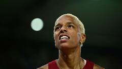 Venezuela's Yulimar Rojas reacts as she competes in the women's triple jump final during the World Athletics Championships at the National Athletics Centre in Budapest on August 25, 2023. (Photo by Ben Stansall / AFP)