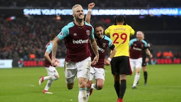 LONDON, ENGLAND - FEBRUARY 10: Marko Arnautovic of West Ham United celebrates after scoring his sides second goal during the Premier League match between West Ham United and Watford at London Stadium on February 10, 2018 in London, England. (Photo by Ch