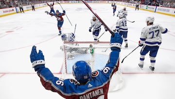 Mikko Rantanen #96 of the Colorado Avalanche celebrates a goal scored