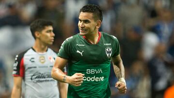 Monterrey's Sebastian Vegas celebrates after scoring against Atlas during the Mexican Apertura 2022 tournament football match at the BBVA Bancomer stadium in Monterrey, Mexico, on September 17, 2022. (Photo by Julio Cesar AGUILAR / AFP)