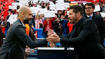 Football Soccer - Atletico Madrid v Bayern Munich - UEFA Champions League Semi Final First Leg - Vicente Calderon Stadium - 27/4/16
Bayern Munich coach Josep Guardiola shakes hands with Atletico Madrid coach Diego Simeone before the match
Reuters / Sergio Perez
Livepic
EDITORIAL USE ONLY.
