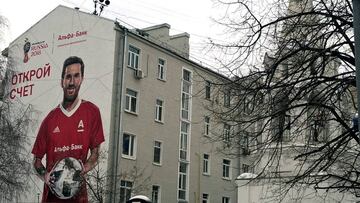 Grafiti de Leo Messi que promociona el Mundial de Rusia.