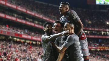 Lisbon (Portugal), 15/02/2020.- Sporting de Braga players celebrate a goal against Benfica during their Portuguese First League soccer match held at Luz Stadium, Lisbon, Portugal, 15th February 2020. (Lisboa) EFE/EPA/MIGUEL A. LOPES