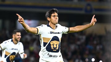 Jose Juan Macias celebrates his goal 1-0 of Pumas during the 9th round match between Pumas UNAM and Tigres UANL as part of the Liga BBVA MX, Torneo Apertura 2025 at Olimpico Universitario Stadium, on September 20, 2025 in Mexico City, Mexico.