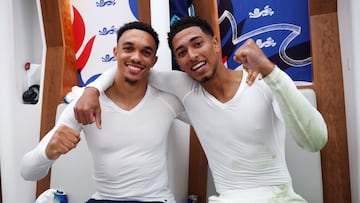 LONDON, ENGLAND - OCTOBER 17: Trent Alexander-Arnold and Jude Bellingham of England pose for a photo in the dressing room after the team's victory during the UEFA EURO 2024 European qualifier match between England and Italy at Wembley Stadium on October 17, 2023 in London, England. (Photo by Eddie Keogh - The FA/The FA via Getty Images)