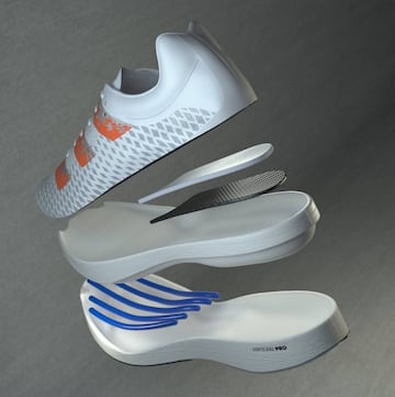 Las nuevas Adidas Adizero Adios Pro por dentro: Suela de 40 mm., una sola placa de carbono y cinco bandas que se adaptan a la anatomía del pie.