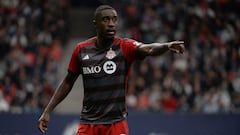 Apr 6, 2024; Vancouver, British Columbia, CAN;  Toronto FC foward Prince Owusu (99) reacts during the second half against Vancouver Whitecaps FC at BC Place. Mandatory Credit: Anne-Marie Sorvin-USA TODAY Sports