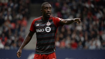 Apr 6, 2024; Vancouver, British Columbia, CAN; Toronto FC foward Prince Owusu (99) reacts during the second half against Vancouver Whitecaps FC at BC Place. Mandatory Credit: Anne-Marie Sorvin-USA TODAY Sports