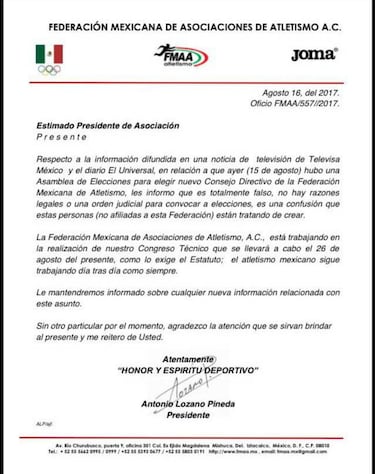 Antonio Lozano niega estar fuera de la Federación Mexicana de Atletismo