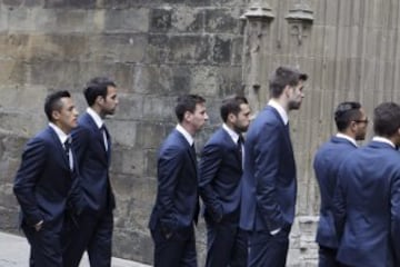 De izq. a der., los jugadores del FC. Barcelona, de Alexis Sánchez, Cesc Fabregas, Leo Messi, Jordi Alba y Gerard Piqué.