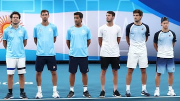 SYDNEY, AUSTRALIA - JANUARY 08: Team Argentina during their national anthem ahead of the Group E singles match between Marin Cilic of Croatia and Guido Pella of Argentina during day six of the 2020 ATP Cup Group Stage at Ken Rosewall Arena on January 08, 2020 in Sydney, Australia. (Photo by Cameron Spencer/Getty Images)