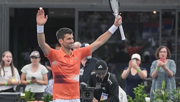 Serbian tennis player Novak Djokovic celebrates after winning his first round match against France's Constant Lestienne at the ATP Adelaide International tournament in Adelaide on January 3, 2023. (Photo by Brenton EDWARDS / AFP)