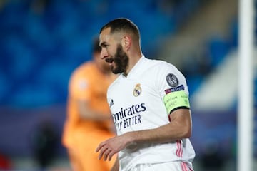 Karim Benzema of Real Madrid laments during the UEFA Champions League, Round of 16, football match played between Real Madrid and Atalanta de Bergamo at Alfredo di Stefano on March 16, 2021, in Valdebebas, Madrid, Spain.