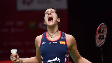 Carolina Marín celebra su pase a la final en Indonesia.