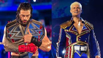 Roman Reigns con sus cinturones y Cody Rhodes.