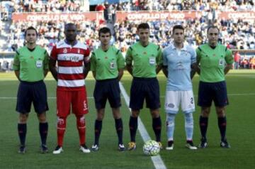 El árbitro Jesús Gil Manzano acompañado de los asistentes Ángel Nevado Rodríguez y José Ángel Fernández Miranda, el cuarto árbitro José Manuel Fernández Fernández y los capitanes Babin y Hugo Mallo.
