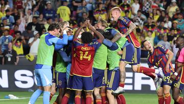 Jul 30, 2025; Sandy, Utah, USA; Real Salt Lake celebrates a win over Club America during penalty kicks at America First Field. Mandatory Credit: Rob Gray-Imagn Images
