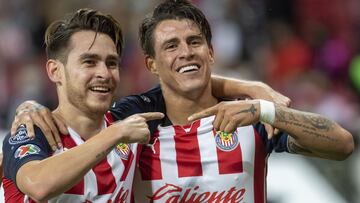   Jesus Angulo celebrate shis goal 1-0 with Cristian Calderon of Guadalajara during the game Guadalajara vs Pachuca, corresponding to ninth round of the Torneo Apertura Grita Mexico A21 of the Liga BBVA MX, at Akron Stadium, on September 18, 2021.

<br><br>

Jesus Angulo celebra su gol 1-0 con Cristian Calderon de Guadalajara durante el partido Guadalajara vs Pachuca, Correspondiente a la Jornada 09 del Torneo Apertura Grita Mexico A21 de la Liga BBVA MX, en el Estadio Akron, el 18 de Septiembre de 2021.