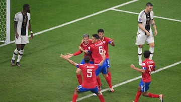 Costa Rica's defender #03 Juan Pablo Vargas (C) celebrates scoring his team's second goal during the Qatar 2022 World Cup Group E football match between Costa Rica and Germany at the Al-Bayt Stadium in Al Khor, north of Doha on December 1, 2022. (Photo by FRANCK FIFE / AFP)