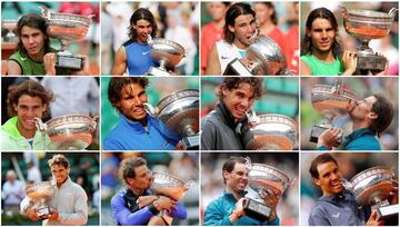 Es difícil contar en pocas líneas la historia de Rafa Nadal (Manacor, 33 años) en Roland Garros. Un idilio que comenzó en 2005, cuando apenas acababa de cumplir 19 años y que aún continúa con 12 títulos de por medio, un récord histórico que puede aumentar y que difícilmente alguien igualará o superará. Desde la primera final contra Puerta (2005) hasta la última ante Thiem (2019), entre medias se deshizo de Federer (2006, 2007 y 2008), Soderling (2010), de nuevo Federer (2011), Djokovic (2012), Ferrer (2013), otra vez Djokovic (2014), Wawrinka (2017) y el propio Thiem (2018). Su récord en el Grand Slam de tierra abruma: 93-2. 