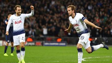 LONDON, ENGLAND - NOVEMBER 06:  Harry Kane of Tottenham Hotspur celebrates after scoring his team&#039;s second goal during the Group B match of the UEFA Champions League between Tottenham Hotspur and PSV at Wembley Stadium on November 6, 2018 in London, 