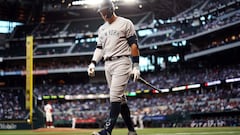 ARLINGTON, TEXAS - APRIL 27: Aaron Judge #99 of the New York Yankees reacts after striking out against the Texas Rangers in the top of the second inning at Globe Life Field on April 27, 2023 in Arlington, Texas.   Tom Pennington/Getty Images/AFP (Photo by TOM PENNINGTON / GETTY IMAGES NORTH AMERICA / Getty Images via AFP)