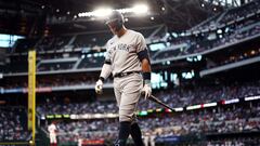ARLINGTON, TEXAS - APRIL 27: Aaron Judge #99 of the New York Yankees reacts after striking out against the Texas Rangers in the top of the second inning at Globe Life Field on April 27, 2023 in Arlington, Texas.   Tom Pennington/Getty Images/AFP (Photo by TOM PENNINGTON / GETTY IMAGES NORTH AMERICA / Getty Images via AFP)