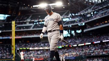 ARLINGTON, TEXAS - APRIL 27: Aaron Judge #99 of the New York Yankees reacts after striking out against the Texas Rangers in the top of the second inning at Globe Life Field on April 27, 2023 in Arlington, Texas. Tom Pennington/Getty Images/AFP (Photo by TOM PENNINGTON / GETTY IMAGES NORTH AMERICA / Getty Images via AFP)