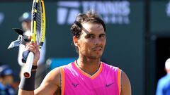 Mar 15, 2019; Indian Wells, CA, USA; Rafael Nadal (ESP) looks to his bench after winning his semi final match against Karen Khachanov (not pictured) in the BNP Paribas Open at the Indian Wells Tennis Garden. Mandatory Credit: Jayne Kamin-Oncea-USA TODAY Sports