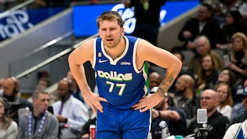 Dallas Mavericks guard Luka Doncic (77) reacts to receiving a technical foul during the second half against the Washington Wizards at the American Airlines Center.