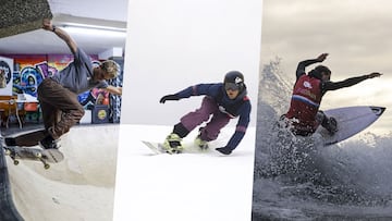 Yago Dominguez patinando en el bowl indoor de Obsession Surf Santander, practicando snowboard en la estación de esquí y montaña de Alto Campoo y surfeando en la playa del Sardinero, en Santander (Cantabria), durnte l celebración de la OA2 FuSSSion 2023, del 10 al 12 de marzo.