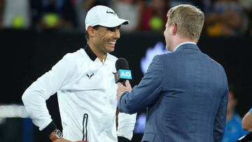 MELBOURNE, AUSTRALIA - JANUARY 27: Jim Courier interviews Rafael Nadal of Spain on winning this semifinal match against Grigor Dimitrov of Bulgaria on day 12 of the 2017 Australian Open at Melbourne Park on January 27, 2017 in Melbourne, Australia. (Photo by Michael Dodge/Getty Images)