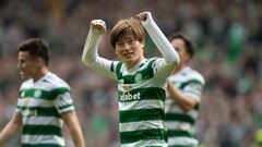 GLASGOW, SCOTLAND - APRIL 08: Celtic's Kyogo Furuhashi at full time during a cinch Premiership match between Celtic and Rangers at Celtic Park, on April 08, 2023, in Glasgow, Scotland.  (Photo by Craig Foy/SNS Group via Getty Images)