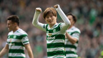 GLASGOW, SCOTLAND - APRIL 08: Celtic's Kyogo Furuhashi at full time during a cinch Premiership match between Celtic and Rangers at Celtic Park, on April 08, 2023, in Glasgow, Scotland. (Photo by Craig Foy/SNS Group via Getty Images)