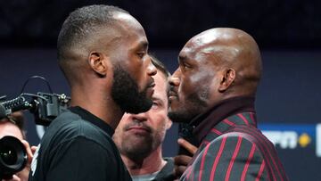 LONDON, ENGLAND - MARCH 16: (L-R) Opponents Leon Edwards of Jamaica and Kamaru Usman of Nigeria face off during the UFC 286 press conference at Magazine London on March 16, 2023 in London, England. (Photo by Jeff Bottari/Zuffa LLC via Getty Images)