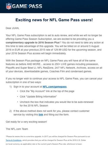 El Game Pass de la NFL da una alegría a sus suscriptores