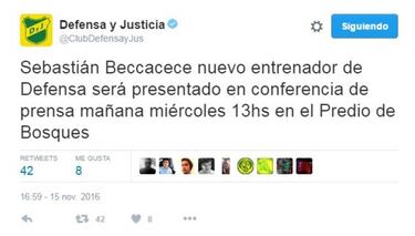 Sebastián Beccacece dirigirá a Defensa y Justicia de Argentina