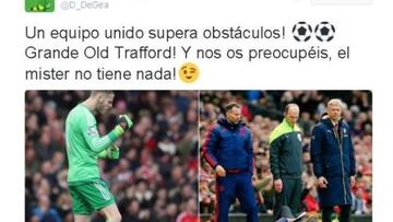 Comentario de David De Gea en Twitter sobre la caída que simuló Louis Van Gaal en el banquillo de Old Trafford.
