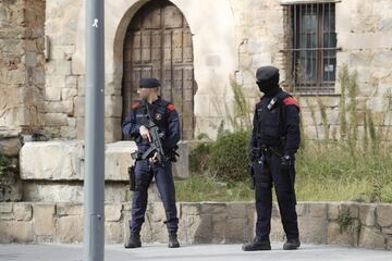 Mossos d'Esquadra, the Catalonia regional police force, keeping a watchful eye as the Barça team bus makes its way to the hotel.