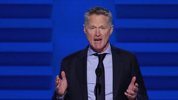 NBA Golden State Warriors Head Coach Steve Kerr speaks during Day one of the Democratic National Convention (DNC) in Chicago, Illinois, U.S., August 19, 2024. REUTERS/Mike Segar