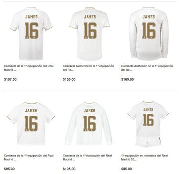 El precio de la camiseta de James cuesta entre 324.000 y 629.000 pesos colombianos