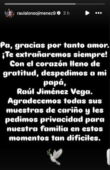 Raúl Jiménez, tras fallecimiento de su padre, publicó emotivo mensaje