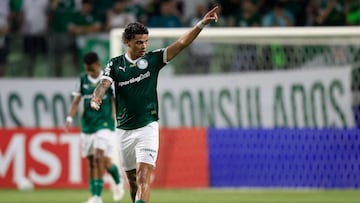 Palmeiras' Colombian midfielder #08 Richard Rios reacts after scoring during the Copa Libertadores group stage football match between Brazil's Palmeiras and Paraguay's Cerro Porteno at the Allianz Parque stadium in Sao Paulo, Brazil, on April 9, 2025. (Photo by Miguel Schincariol / AFP)