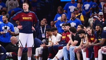 OKLAHOMA CITY, OKLAHOMA - MAY 18: Nikola Jokic #15 and the Denver Nuggets starters look on from the bench during the fourth quarter of a game against the Oklahoma City Thunder in Game Seven of the Western Conference Second Round NBA Playoffs at Paycom Center on May 18, 2025 in Oklahoma City, Oklahoma. NOTE TO USER: User expressly acknowledges and agrees that, by downloading and or using this photograph, User is consenting to the terms and conditions of the Getty Images License Agreement. Joshua Gateley/Getty Images/AFP (Photo by Joshua Gateley / GETTY IMAGES NORTH AMERICA / Getty Images via AFP)