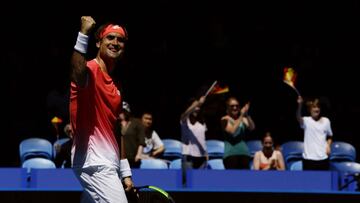 David Ferrer celebra su victoria ante Lucas Pouille en su partido individual de Hopman Cup en el RAC Arena de Perth, Australia.