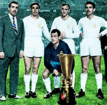 Los jugadores Juanito Alonso (agachado), Ángel Atienza, José Santamaría y Rafael Lesmes (fila de arriba de izquierda a derecha) posan con el Trofeo Duward. Dicho Trofeo hoy día no existe pero durante la década de los años 50 premiaba anualmente al club menos goleado de la Primera División Española. 
 